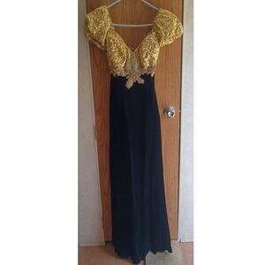 Vintage 80s 90s Alyce Designs Black Velvet Gold Sequin Gown Small Rhinestone XS